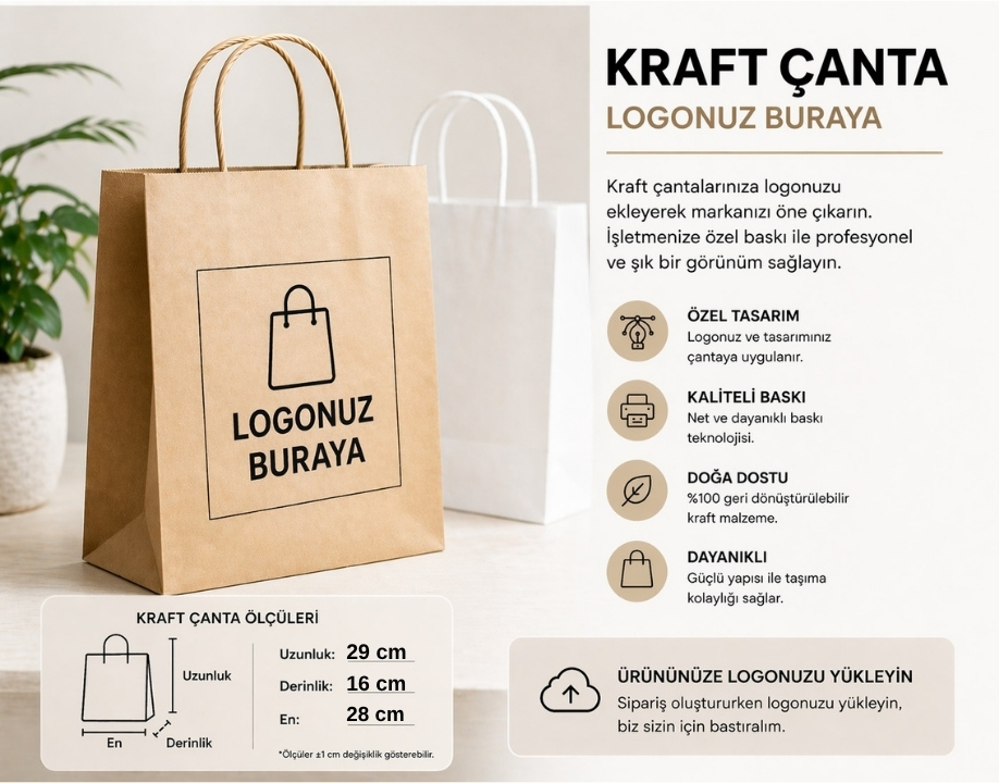 Burgu Saplı Kraft Çanta  28*16*29